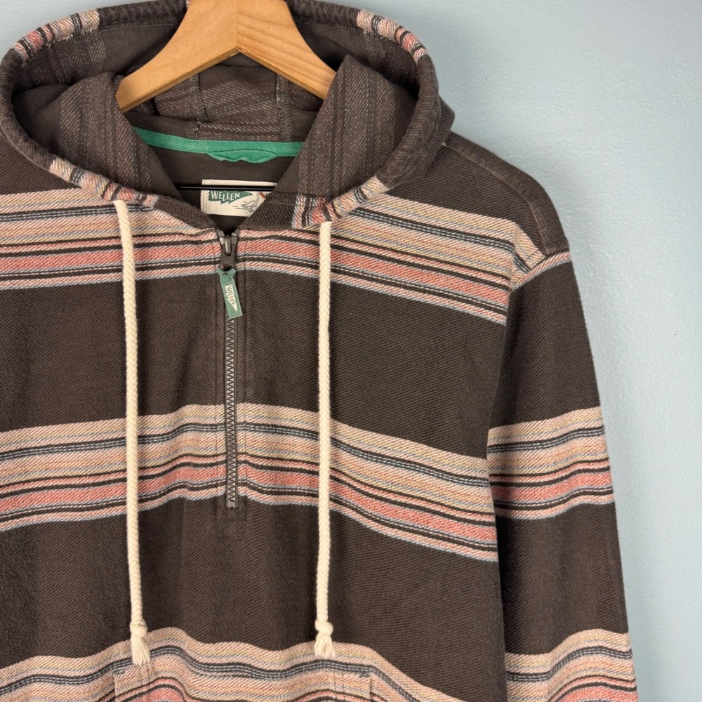 Wellen Easy Knit Pocho Hoodie‎ Men's Medium Striped Quarter Zip Organic Cotton